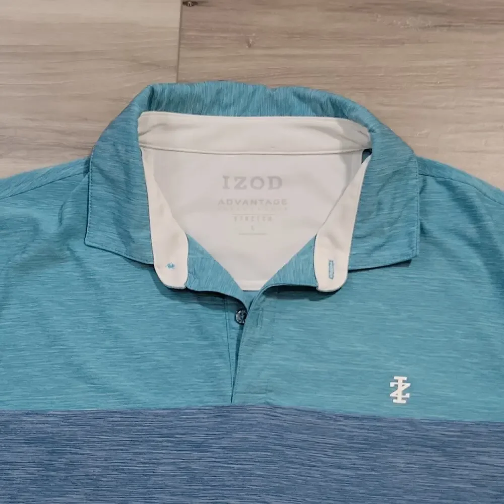 Izod Polo Shirt Men's Large Blue White Color Block 2 Buttons Short Sleeve